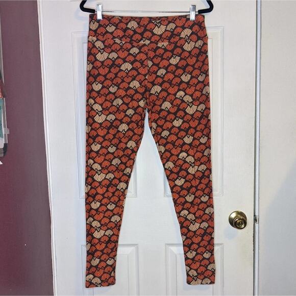 Lularoe Orange & Beige Autumn Fan Brush Print Brown Grey Leggings TC - Picture 1 of 11